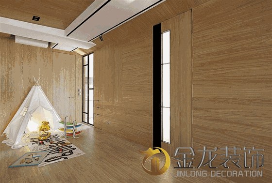精装房装修、楼盘装修、别墅精装修，金龙装饰-台湾的二娃家庭，一个小帐篷让孩子也有了属于自己的地盘。内嵌的收纳柜解决了玩具堆积的问题，孩子的杂物有自己专属区域，利于培养他们的独立性。