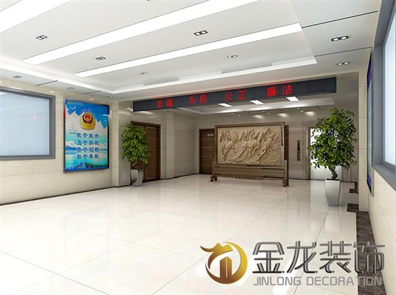 金龙装饰受邀为枣庄市公安局山亭区分局进行办公工程精装修设计、施工。二楼门厅效果图。