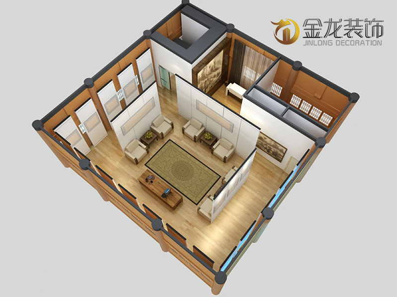 一起来看欣赏展览馆精装修专家｜金龙装饰：临山阁印象摄影作品展的整体俯视效果图：